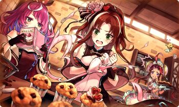 3girls above-cleavage_cutout ahoge albea_(ta_ga_tame_no_alchemist) bindi black_gloves book brown_hair chocolate clothing_cutout commentary covering_own_mouth cupcake dress food gloves green_eyes holding holding_book indoors kitchen leafah_(ta_ga_tame_no_alchemist) long_hair looking_at_food medium_hair mittens multiple_girls official_alternate_costume official_art open_book open_mouth parted_bangs pink_dress purple_hair rahu_(ta_ga_tame_no_alchemist) sleeveless sleeveless_dress sweatdrop ta_ga_tame_no_alchemist teeth third-party_source upper_teeth_only valentine wavy_mouth whipped_cream