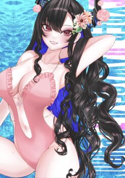 Rule 34 | 1girl, arm behind head, black hair, black horns, blue background, blue hair, breasts, cleavage, comiket 107, cowboy shot, highres, hololive, hololive english, horns, large breasts, mole, mole under eye, multicolored hair, nerissa ravencroft, one-piece swimsuit, pink one-piece swimsuit, purple eyes, slit pupils, solo, swimsuit, two-tone hair, uji10ukifune, virtual youtuber