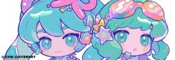 Rule 34 | 2girls, blue eyes, blue hair, blush stickers, bow, brooch, chibi, closed mouth, collared jacket, commentary, copyright notice, cropped, digital stars, digital stars gumi (2021), digital stars miku (2021), goggles, goggles on head, green eyes, green hair, gumi, hair bow, hair ornament, hair ribbon, hashtag-only commentary, hatsune miku, high collar, jacket, jewelry, long hair, looking at viewer, mawarusanso, multiple girls, open clothes, open jacket, open mouth, orange-framed eyewear, orange-tinted eyewear, orange jacket, pink ribbon, portrait, ribbon, round eyewear, second-party source, shirt, short hair, simple background, smile, star (symbol), star brooch, star hair ornament, tinted eyewear, twintails, vocaloid, white background, white shirt, yellow bow