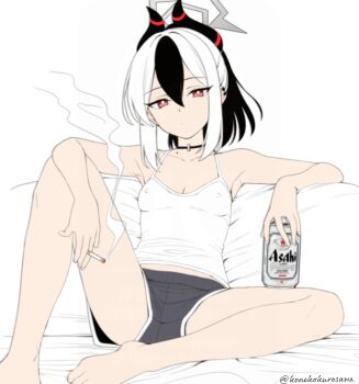 1girl alcohol alternate_costume artist_name asahi_breweries beer beer_can black_choker black_hair black_shorts blue_archive breasts bright_pupils can casual center-flap_bangs choker cigarette cleavage closed_mouth commentary covered_erect_nipples demon_horns dot_mouth drink_can facing_viewer hair_between_eyes highres holding holding_can holding_cigarette horns kayoko_(blue_archive) konekurosawa legs_apart looking_at_viewer loungewear mixed-language_commentary multicolored_hair red_eyes shirt shorts simple_background small_breasts smoke smoking solo tank_top two-tone_hair untranslatable_commentary white_background white_hair white_pupils white_shirt