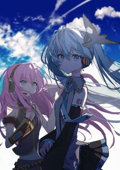 Rule 34 | 2girls, :o, arm tattoo, armband, backlighting, bare shoulders, belt, bird, black skirt, black sleeves, blue eyes, blue hair, blue necktie, blurry, blurry background, closed mouth, cloud, collared shirt, commentary, day, detached sleeves, dot mouth, expressionless, facing to the side, grey shirt, hair between eyes, hatsune miku, headphones, highres, long hair, looking at viewer, megurine luka, multiple girls, navel, necktie, number tattoo, open mouth, outdoors, photo background, pink hair, pleated skirt, ria art, shirt, single bare arm, single detached sleeve, skirt, sky, sleeveless, sleeveless shirt, standing, tattoo, untranslatable commentary, upper body, vocaloid, wide sleeves, wind