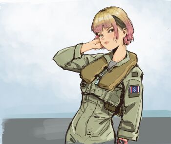 Rule 34 | 1girl, ace combat 8, blonde hair, closed mouth, cowboy shot, fallenspherell, flight suit, gradient hair, hand up, helmet, highres, lancerlee3, lips, looking at viewer, multicolored hair, pilot, pilot helmet, pink hair, tasha (ace combat), watch, wristwatch