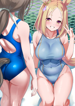 2girls :d absurdres admire_vega_(umamusume) animal_ears ass back blonde_hair blue_one-piece_swimsuit blush breasts brown_hair chain-link_fence collarbone covered_navel ear_ornament fence grin herohero_(higashi_no_dou) highres horse_ears horse_girl horse_tail kneepits long_hair looking_at_another medium_breasts multiple_girls narita_top_road_(umamusume) one-piece_swimsuit open_mouth orange_hair parted_bangs ponytail racerback smile swimsuit tail third-party_source umamusume v