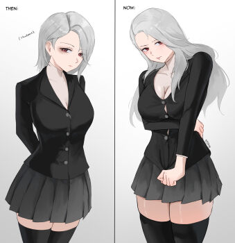 1girl age_progression alternate_costume arm_under_breasts before_and_after black_shirt black_thighhighs blush breasts button_gap cleavage commentary cowboy_shot embarrassed english_commentary english_text grey_hair grey_skirt highres large_breasts long_hair looking_at_viewer medium_breasts n7grey niijima_sae persona persona_5 red_eyes school_uniform shirt short_hair skirt thighhighs white_background zettai_ryouiki
