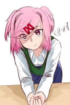 1girl blue_skirt bob_cut doki_doki_literature_club hair_ornament hairclip korean_text leaning_forward leaning_on_table looking_at_viewer mrapplespiceman natsuki_(doki_doki_literature_club) own_hands_clasped own_hands_together pink_eyes pink_hair shirt skirt smile solo white_background white_shirt