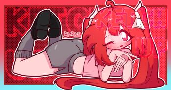 1girl :p absurdly_long_hair artist_name ass black_shoes blush bonbon_(bonzomcbonbon) border character_name closed_mouth dot_nose grey_skirt grey_socks hair_ribbon heart heart-shaped_pupils highres ketchup_(bonzomcbonbon) long_hair looking_at_viewer lying one_eye_closed original outline pink_shirt polka_dot polka_dot_background red_background red_eyes red_hair ribbon shirt shoes signature sitting skirt socks solo symbol-shaped_pupils text_background tongue tongue_out twintails very_long_hair wariza white_outline white_ribbon