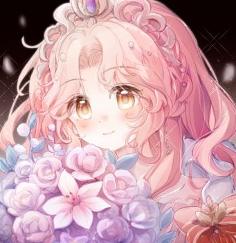 Rule 34 | 1girl, artist request, beads, black background, bouquet, bow, bowtie, braid, brown eyes, cape, chinese commentary, closed mouth, collarbone, commentary request, crown braid, dandelion, dot nose, dress, earrings, eyelashes, eyes visible through hair, flower, fur-trimmed cape, fur trim, gold earrings, hair beads, hair ornament, happy, highres, holding, holding bouquet, jewelry, light blush, light particles, lily (flower), lips, long hair, looking at viewer, miracle nikki, nikki (nikki), nikki (series), parted bangs, petals, pink flower, pink hair, pink lips, purple flower, purple rose, red bow, red bowtie, rose, second-party source, smile, solo, sparkle, striped bow, tareme, tiara, upper body, wavy hair, when blossoms gather (miracle nikki), white dress