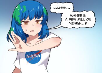 Rule 34 | 1girl, blue hair, blush, breasts, brown eyes, collarbone, commentary, earth-chan, english text, female focus, gradient background, green hair, highres, hinghoi, logo, medium hair, merryweather, multicolored hair, nasa logo, original, rejection, shirt, short hair, short sleeves, solo, speech bubble, sweatdrop, two-tone hair, upper body, white shirt