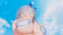 1girl animated arm_behind_back ass bikini blue_bikini blue_ribbon blush bouncing_ass bouncing_breasts breasts brown_dust_(series) brown_dust_2 bursting_breasts cleavage closed_mouth covering_breasts covering_privates curvy feet from_below front-tie_bikini_top front-tie_top grey_hair hair_between_eyes hair_ribbon highres huge_ass huge_breasts looking_ahead navel official_art ribbon short_hair skindentation solo sound stomach subtitled sunlight swimsuit tagme teresse_(brown_dust) thick_thighs thighs thong thong_bikini underboob upper_body video wardrobe_malfunction wet wide_hips