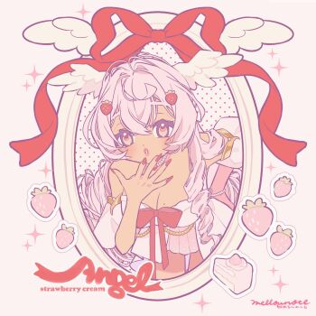 :o artist_name bare_shoulders breasts cake cake_slice cleavage commission crossed_bangs dark-skinned_female dark_skin eyelashes feathered_wings fingernails food food-themed_hair_ornament fruit_hair_ornament hair_between_eyes hair_intakes hair_ornament hairclip head_wings highres indie_virtual_youtuber lips long_hair looking_at_viewer makeup medium_breasts mellownote mole mole_under_eye nail_polish off_shoulder original pink_hair pink_lips pink_nails polka_dot red_ribbon ribbon rouge_(makeup) short_sleeves sparkle square strawberry_hair_ornament upper_body vgen_commission virtual_youtuber white_wings wings