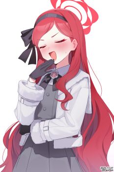 1girl :d absurdres black_gloves black_hairband blue_archive blush closed_eyes coat commentary_request dandan_(uaee4742) dated gloves grey_coat grey_skirt hairband halo highres long_hair open_mouth red_hair red_halo simple_background skirt smile solo takane_(blue_archive) twitter_username white_background