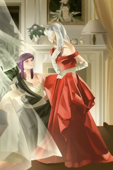 2girls absurdres bare_shoulders blunt_bangs breasts cleavage curtains dress earrings elbow_gloves elf fern_(sousou_no_frieren) frieren full_body gloves grey_dress grey_hair hand_on_own_chest highres ikachyu indoors jewelry lamp long_dress long_hair looking_at_another medium_breasts multiple_girls off-shoulder_dress off_shoulder picture_frame plant pointy_ears potted_plant purple_eyes purple_hair red_dress sidelocks sitting sousou_no_frieren standing twintails white_gloves