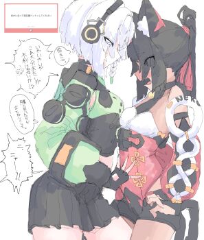 2girls absurdres against_wall anby_demara animal_ear_fluff animal_ears bare_shoulders bell black_hair black_skirt blush braid braided_sidelock breasts cat_ears cat_girl cat_tail clothing_cutout commentary_request corset detached_sleeves fingerless_gloves from_side glove_cutout gloves green_jacket green_sleeves grey_hair hairband hand_on_another&#039;s_stomach headphones highres invisible_wall jacket leg_between_thighs looking_at_another looking_down mocamocaink multicolored_sleeves multiple_girls multiple_tails neck_bell nekomiya_mana open_mouth ponytail red_corset red_hairband red_sleeves short_hair simple_background skirt small_breasts speech_bubble sweat tail translation_request two_tails upper_body white_background yuri zenless_zone_zero