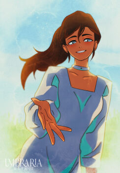 Rule 34 | 1girl, alien stage, artist name, blue eyes, breasts, brown hair, collar, collarbone, commentary, dark-skinned female, dark skin, dress, english commentary, hair between eyes, highres, hyuna (alien stage), medium breasts, ponytail, reaching, reaching towards viewer, smile, solo, umbra (edits umbra), upper body, watermark, white collar, white dress