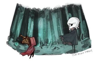 1girl 1other arthropod_girl black_cloak black_eyes black_skin blank_eyes cape cloak clock colored_skin dante_(limbus_company) faust_(project_moon) fire flaming_head forest full_body grey_cloak height_difference highres hollow_eyes hollow_knight hollow_knight:_silksong hornet_(hollow_knight) ivy_(675671) knight_(hollow_knight) limbus_company location_name looking_at_another nature object_head pale_skin parody project_moon red_cloak short_hair standing style_parody sweater turtleneck turtleneck_sweater white_background white_hair white_skin