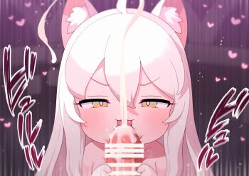 1boy 1girl :3 ahoge animal_ear_fluff animal_ears bar_censor blush cat_ears cat_girl censored commentary_request cum cum_on_body cum_on_penis ejaculation fellatio heart hetero highres kommy_(trickcal) licking licking_penis loli long_hair looking_at_viewer oral penis penis_grab robo_mikan sound_effects straight-on tongue tongue_out trickcal v-shaped_eyebrows white_hair yellow_eyes