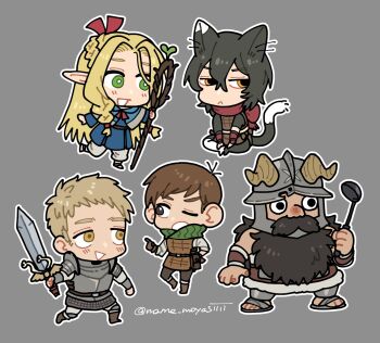 2girls 3boys :&lt; animal_ears armor beard blonde_hair blush brown_eyes brown_hair capelet cat_ears cat_girl cat_tail chibi chilchuck_tims closed_mouth dungeon_meshi facial_hair fake_horns gloves green_eyes grey_background greyscale hair_between_eyes hair_ribbon hand_on_own_hip helmet highres holding holding_ladle holding_sword holding_weapon horned_helmet horns izutsumi kensuke_(dungeon_meshi) ladle laios_touden mame_moyashi marcille_donato monochrome multiple_boys multiple_girls neck_warmer one_eye_closed open_mouth orange_eyes outline red_scarf ribbon robe scarf senshi_(dungeon_meshi) simple_background sitting sword tail twitter_username weapon white_outline