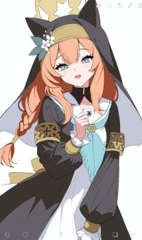 1girl :d animal_ear_headwear animal_ears aqua_neckerchief art_program_in_frame black_dress black_veil blue_archive blue_eyes braid cat_ears cat_girl clenched_hand cowboy_shot double-parted_bangs dress fake_animal_ears flower frilled_sleeves frills hair_between_eyes hand_up happy hat hat_flower highres ibispaint_(medium) light_blush long_hair looking_at_viewer low-braided_long_hair low-tied_long_hair mari_(blue_archive) neckerchief nun open_mouth orange_hair sailor_collar school_uniform serafuku sidelocks simple_background smile solo teeth trinity_general_school_logo two-tone_dress upper_teeth_only veil wa_sumi white_background white_dress white_flower white_sailor_collar