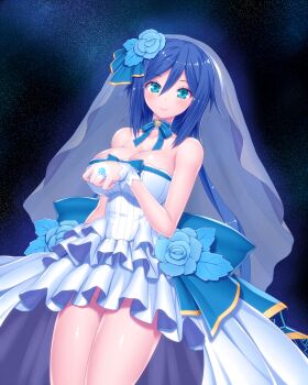 1girl absurdres aqua_eyes asamura_hiori bare_arms bare_shoulders blue_bow blue_choker blue_flower blue_hair blue_neckwear blue_ribbon blush bow breasts bridal_veil choker cleavage closed_mouth collarbone commentary_request dress female_focus flower frilled_dress frills from_below green_eyes groin hair_between_eyes hair_flower hair_ornament hand_up highres jewelry large_bow large_breasts legs_together long_hair looking_at_viewer looking_down mother_(pso2) no_panties ornate_ring phantasy_star phantasy_star_online_2 ribbon ribbon_choker ring shiny_skin smile solo standing star_(symbol) star_symbol_background strapless strapless_dress thighs veil wedding_dress wedding_ring white_dress wristband