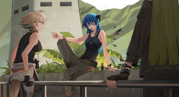 3girls arknights bare_arms bare_shoulders black_gloves black_jacket black_pants black_shirt black_tank_top black_wings blue_eyes blue_hair brown_eyes brown_hair brown_pants building commentary commentary_request day detached_wings english_commentary fingerless_gloves gloves green_hair hair_between_eyes halo highres holding horns jacket knee_up long_hair long_sleeves mayer_(arknights) mostima_(arknights) mountain muelsyse_(arknights) multiple_girls northkiyou open_mouth outdoors pants plant puffy_long_sleeves puffy_sleeves shirt sitting sleeveless sleeveless_shirt standing tail tank_top very_long_hair watch wings wristwatch