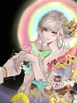 1boy animal animal_on_hand aqua_butterfly bishounen black_background blue_butterfly bug butterfly chest_tattoo chinese_commentary chromatic_aberration chunzhanjia commentary dated facial_mark flower_tattoo gloves green_butterfly halo halo_behind_head hand_up highres holding_hands insect insect_on_finger insect_on_shoulder lips long_hair looking_at_another luoyang_veggie_(the_tale_of_food) male_focus male_master_(the_tale_of_food) moth multicolored_hair multicolored_halo nail_polish nude orchid_mantis out-of-frame_censoring out_of_frame pink_butterfly pink_hair praying_mantis pubic_hair rainbow_halo red_butterfly simple_background solo_focus streaked_hair swept_bangs tattoo the_tale_of_food toned toned_male too_many too_many_butterflies upper_body white_gloves white_hair yellow_butterfly yellow_eyes yellow_nails