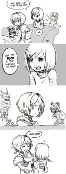 10s 1boy 5girls artist_self-insert blanc_(neptunia) blue_eyes book cirno comic copyerase copyliace crossover english_text greyscale highres isaki_tanaka linda_(neptunia) monochrome multiple_girls neptune_(series) nishizawa_mina open_mouth out_of_character profanity rom_(neptunia) short_hair simple_background smile touhou