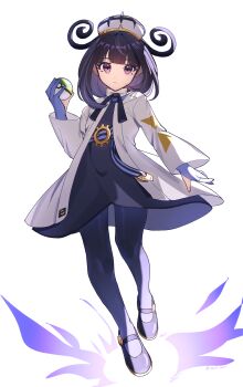 Rule 34 | 1girl, absurdres, black dress, black hair, blue gloves, blunt bangs, bowl cut, closed mouth, coat, commentary request, dress, full body, gloves, gwynn (pokemon), hand up, hat, highres, holding, holding poke ball, long hair, long sleeves, looking at viewer, nest ball, nintendo, open clothes, open coat, pantyhose, partially fingerless gloves, poke ball, pokemon, pokemon legends: z-a, purple eyes, purple hair, shoes, short hair, simple background, solo, somt nacl, white background, white coat