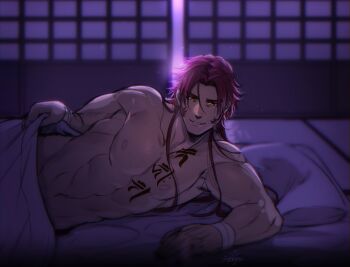 1boy abs blurry blurry_background futon highres long_hair long_sideburns lying male_focus muscular nipples on_side pectorals pillow pov red_hair siddham sideburns sliding_doors smile tachibana_kuniei tattoo tonbokiri_(touken_ranbu) topless_male touken_ranbu under_covers yellow_eyes