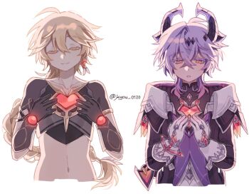 Rule 34 | 2boys, aether (genshin impact), ahoge, arm armor, artist name, black jacket, black shirt, blonde hair, braid, bright pupils, brown gloves, brown shirt, closed eyes, closed mouth, collarbone, commentary, covered collarbone, crossed bangs, crystal hair ornament, diamond-shaped pupils, diamond (shape), dragon boy, dragon horns, dragon tail, durin (genshin impact), english commentary, gem, genshin impact, gloves, gold trim, hair between eyes, hair ornament, half-closed eyes, hands up, heart-shaped gem, highres, horns, jacket, jewelry, kyou 0120, lapels, long hair, long sleeves, looking at object, looking down, low-braided long hair, low-tied long hair, male focus, mandarin collar, midriff, multiple boys, navel, open clothes, open jacket, purple gem, purple hair, purple vest, red eyes, red gem, ring, shirt, short hair, short sleeves, sidelocks, simple background, single braid, smile, star (symbol), symbol-shaped pupils, tail, teeth, upper body, vest, white background, white gloves, white pupils