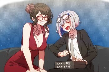 2girls :d ^_^ absurdres amane_kanata black_jacket black_pants black_suit blush breasts brown_hair closed_eyes collared_shirt colored_inner_hair commentary_request couch dress eyewear_on_head flat_chest formal_clothes glasses grey_hair grey_necktie grin highres hololive jacket kson large_breasts multicolored_hair multiple_girls necktie on_couch one_side_up open_mouth pants red_dress ryuu_ga_gotoku_(series) ryuu_ga_gotoku_7_gaiden shirt short_hair sitting smile suit sushida_hayari virtual_youtuber white_shirt