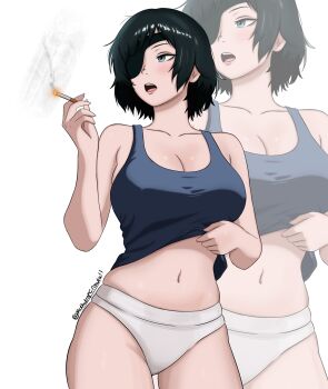 1girl absurdres black_hair blue_eyes blue_tank_top breasts chainsaw_man cigarette clothes_lift eyepatch highres himeno_(chainsaw_man) holding holding_cigarette lifting_own_clothes mothdropcrowla navel open_mouth panties shirt_lift smoking solo tank_top underwear white_background white_panties zoom_layer