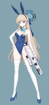 1girl absurdres animal_ears aqua_bow aqua_bowtie blonde_hair blue_archive blue_eyes blue_hairband blue_halo blue_leotard blue_streaks bow bowtie breasts cleavage commentary_request detached_collar earpiece fake_animal_ears full_body hairband halo hand_on_own_hip high_heels highleg highleg_leotard highres leotard long_hair looking_at_viewer medium_breasts multicolored_hair official_alternate_costume playboy_bunny rabbit_ears simple_background solo standing strapless strapless_leotard streaked_hair thighhighs toki_(blue_archive) toki_(bunny)_(blue_archive) weapon weissbeir21 white_thighhighs white_wrist_cuffs wrist_cuffs