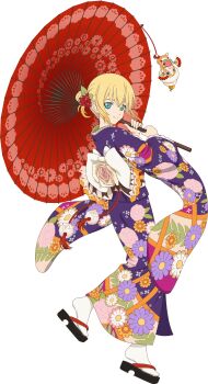 Rule 34 | 1girl, artist request, black sandals, blonde hair, blue eyes, closed mouth, edna (tales), floral print, floral print kimono, from behind, full body, game cg, hair ornament, highres, holding, holding umbrella, japanese clothes, kimono, looking at viewer, medium hair, normin (tales), official alternate costume, official art, phoenix (tales), print kimono, print umbrella, purple kimono, red umbrella, sandals, smile, solo, standing, tales of (series), tales of asteria, tales of zestiria, third-party source, transparent background, umbrella