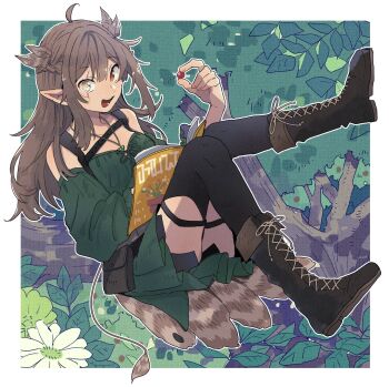 1girl ahoge bare_shoulders bird_girl bird_tail black_thighhighs book boots border breasts brown_boots brown_hair commentary dress english_commentary feather_hair_ornament feathers flower full_body green_dress hair_ornament heterochromia highres holding_good in_tree indie_virtual_youtuber jewelry kumi_(vtuber) leaf long_hair looking_at_viewer mitobinyo necklace open_book open_mouth outline pointy_ears scar scar_across_eye scar_on_face second-party_source sidelocks sitting solo tail teeth thighhighs tree virtual_youtuber white_border white_flower white_outline