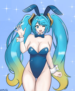 1girl ;d animal_ears aqua_eyes aqua_hair artist_name bare_arms bare_legs bare_shoulders blonde_hair blue_bow blue_bowtie blue_leotard blush bow bowtie breasts cleavage collar detached_collar eyebrows eyelashes fake_animal_ears female_focus highres large_breasts league_of_legends leotard long_hair looking_at_viewer multicolored_hair navel nose nose_blush one_eye_closed open_mouth pantyhose playboy_bunny purple_background rabbit_ears simple_background smile solo sona_(league_of_legends) standing strapless strapless_leotard thighs twintails two-tone_hair very_long_hair waving white_collar ztarvzla