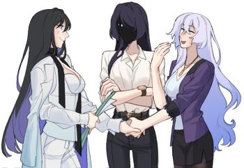 Rule 34 | 3girls, acheron (honkai: star rail), black swan (honkai: star rail), breasts, charathegay, cleavage, commentary, constance (honkai: star rail), couple, english commentary, hair over one eye, highres, honkai: star rail, honkai (series), jealous, large breasts, long hair, looking at another, multiple girls, pants, purple hair, shirt, simple background, smile, sweatdrop, white background, white shirt, yuri