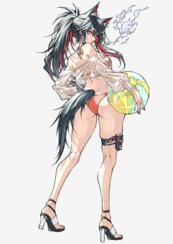 1girl absurdres animal_ear_fluff animal_ear_piercing animal_ears arknights ball beachball bikini black_hair breasts cigarette commentary full_body hair_between_eyes high_heels highres long_hair medium_breasts purple_eyes red_bikini red_hair shokikanes simple_background skindentation solo swimsuit tail texas_(arknights) thigh_strap white_background wolf_ears wolf_girl wolf_tail