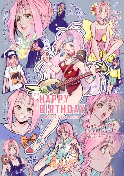 1girl absurdres bare_legs bare_shoulders baseball_cap birthday blue_dress bracelet braid braided_ponytail character_name commentary_request cosplay dress electric_guitar from_side gloves green_eyes grin guitar guvava hair_intakes hair_ribbon happy_birthday hat highres holding holding_guitar holding_instrument instrument jewelry leotard long_hair looking_at_viewer lynn_minmay lynn_minmay_(cosplay) macross macross_7 multiple_views mylene_jenius nagisa_tomo necklace official_alternate_costume official_alternate_hairstyle open_mouth parted_bangs pink_dress pink_hair pointy_ears profile red_leotard ribbon shirt smile strapless strapless_dress translation_request twin_braids white_shirt yellow_gloves