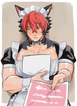 1boy animal_ear_piercing animal_ears apron black_choker choker dog_boy dog_ears embarrassed gachimuchi_daisukikko highres incoming_gift komano_manato looking_to_the_side maid maid_apron maid_headdress male_focus muscular muscular_male pectorals piercing scar scar_on_arm scar_on_chest zenless_zone_zero