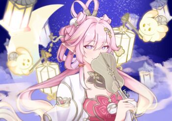 Rule 34 | 1girl, artist name, breasts, chinese clothes, chinese hairstyle, cleavage, closed mouth, commentary, diamond-shaped pupils, diamond (shape), dress, elf, elysia (hi love elf) (honkai impact), elysia (honkai impact), floating, flower, hair flower, hair ornament, hair rings, hand fan, hashtag-only commentary, highres, holding, holding fan, honkai (series), honkai impact 3rd, khuffi, lantern, long hair, looking at viewer, official alternate costume, paper lantern, pink hair, pointy ears, purple eyes, rabbit, red dress, sky, sky lantern, smile, solo, star (sky), starry sky, symbol-shaped pupils, upper body, very long hair