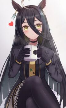 Rule 34 | 1girl, ahoge, animal ears, black choker, black coat, black gloves, black hair, black pantyhose, black shirt, black skirt, choker, coat, coffee mug, collared shirt, commentary request, crossed legs, cup, ear tag, earrings, gloves, hair between eyes, heart, horse ears, horse girl, jewelry, long bangs, long hair, long hair between eyes, long sleeves, looking at viewer, manhattan cafe (creeping shadow) (umamusume), manhattan cafe (umamusume), mug, multicolored hair, necktie, pantyhose, shirt, simple background, single earring, sitting, skirt, solo, thurumu, umamusume, very long hair, white hair, yellow eyes, yellow necktie