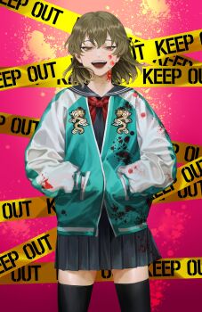 1girl :d absurdres aegyo_sal black_serafuku black_skirt black_thighhighs blackbox_(blackbox9158) blood blood_on_clothes blood_on_face blood_splatter bob_cut brown_hair caution_tape character_request coat cowboy_shot dragon_print green_coat grin hands_in_pockets highres idolmaster keep_out looking_at_viewer neck_ribbon open_mouth purple_eyes ribbon school_uniform serafuku serious sidelocks skirt smile solo standing thighhighs zettai_ryouiki