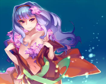 Rule 34 | 1girl, blush, breasts, female focus, flower, hair flower, hair ornament, hairband, idolmaster, idolmaster (classic), japanese clothes, kimono, large breasts, long hair, looking at viewer, nemeko, open clothes, purple eyes, shijou takane, silver hair, smile, solo, undressing
