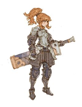 1girl absurdres armor blush boots brown_eyes fantasy full_body gauntlets highres knight long_hair nrcgray original ponytail sheath sheathed simple_background sketch solo standing white_background