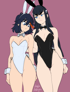 2girls absurdres animal_ear_hairband animal_ears bare_shoulders black_hair black_leotard blue_eyes blush bow bowtie breasts cleavage covered_navel detached_collar fake_animal_ears hairband highleg highleg_leotard highres kill_la_kill kiryuuin_satsuki laylaletsyou leotard long_hair matoi_ryuuko medium_breasts multicolored_hair multiple_girls playboy_bunny rabbit_ear_hairband rabbit_ears rabbit_tail red_hair revealing_clothes short_hair siblings signature sisters strapless strapless_leotard streaked_hair tail thick_eyebrows traditional_bowtie two-tone_hair white_leotard white_wrist_cuffs wrist_cuffs