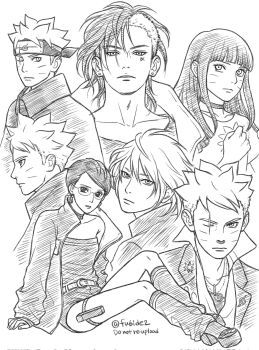 Rule 34 | 2girls, 4boys, asymmetrical hair, belt, blunt bangs, boruto: two blue vortex, choker, cloak, commentary request, corrupted twitter file, earrings, facial mark, facial tattoo, forehead protector, glasses, greyscale, hatching (texture), headband, highres, holster, jacket, jewelry, kawaki (boruto), konohagakure symbol, loose socks, matsu (fu6ide2), mitsuki (naruto), monochrome, multiple boys, multiple girls, naruto (series), off shoulder, one eye closed, platform heels, romper, scar, scar across eye, scar on face, short hair, sidecut, sitting, socks, strapless romper, stud earrings, tattoo, thigh holster, uchiha sarada, undercut, uzumaki boruto, uzumaki himawari, whisker markings