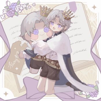 1boy :d absurdres aged_down ascot belt black_cape black_shoes black_shorts blush book bookmark border bow brown_belt cape character_doll charlie_su chinese_commentary collared_shirt curtained_hair doll fang flower frilled_sleeves frills full_body fur-trimmed_cape fur_trim gem grey_hair highres hugging_doll hugging_object kneehighs light_and_night_love long_sleeves looking_at_viewer male_focus open_book open_mouth outside_border parted_bangs pointed_crown puffy_long_sleeves puffy_sleeves purple_bow purple_eyes purple_flower purple_gemstone purple_ribbon purple_rose ribbon rose shirt shoes short_hair shorts skin_fang smile snow234 socks solo tilted_headwear white_ascot white_border white_flower white_rose white_shirt white_socks