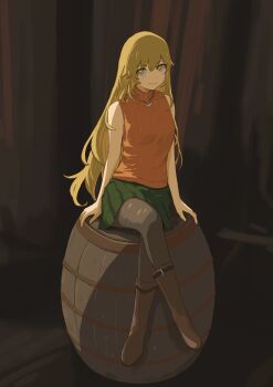 1girl absurdres ashley_graham ashley_graham_(cosplay) barrel black_pantyhose blonde_hair boots brown_boots closed_mouth commission cosplay crossed_legs full_body green_skirt highres jewelry knee_boots long_hair looking_at_viewer necklace on_barrel pantyhose resident_evil resident_evil_4 shokuhou_misaki skirt sleeveless sleeveless_sweater sleeveless_turtleneck smile solo star-shaped_pupils star_(symbol) sweater symbol-shaped_pupils tatararashi toaru_kagaku_no_railgun toaru_majutsu_no_index turtleneck turtleneck_sweater very_long_hair yellow_eyes