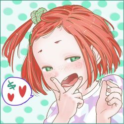 1girl animated artist_request blush border cunnilingus_gesture freckles green_eyes hair_ornament hair_scrunchie heart loli looking_at_viewer naughty_face one_side_up open_mouth orange_hair original polka_dot polka_dot_background scrunchie shirt short_hair solo speech_bubble spoken_dollar_sign spoken_heart striped_clothes striped_shirt tagme tongue tongue_out video