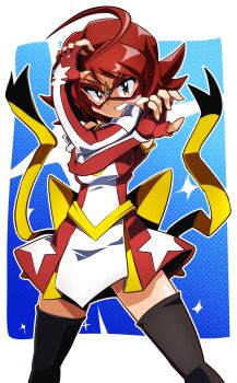 Rule 34 | 1girl, ahoge, back bow, black thighhighs, bow, breasts, brown eyes, commentary request, elbow gloves, eye mask, feet out of frame, fingerless gloves, gloves, grin, hands up, highres, kamen america (comic), kamen comet, looking at viewer, mask, medium breasts, miniskirt, print skirt, red gloves, red hair, red shirt, red skirt, sakurajyousui nami, shirt, short hair, skirt, smile, solo, sparkle, standing, star (symbol), star print, thighhighs, yellow bow, zettai ryouiki